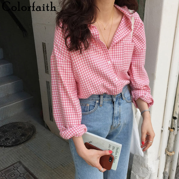 Colorfaith New 2020 Women Spring Summer Blouse Shirts Plaid Fashionable Single Breasted Casual Loose Wild Sweet Pink Tops BL1023