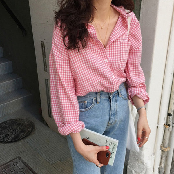 Colorfaith New 2020 Women Spring Summer Blouse Shirts Plaid Fashionable Single Breasted Casual Loose Wild Sweet Pink Tops BL1023