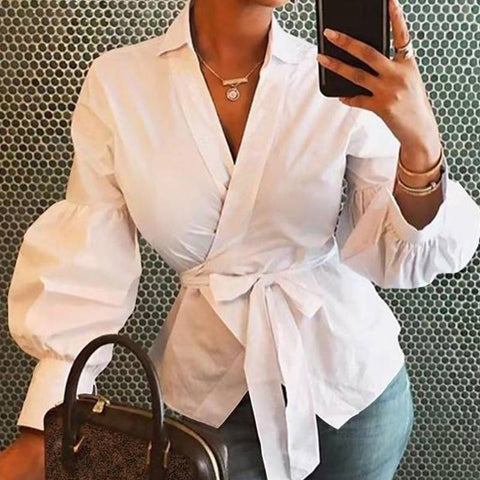 Lantern Sleeve Belt Women Shirt V-neck Solid Long Sleeves Lace Up Bow Female Shirts 2020 Spring Fashion Ladies Top Clothes