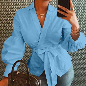 Lantern Sleeve Belt Women Shirt V-neck Solid Long Sleeves Lace Up Bow Female Shirts 2020 Spring Fashion Ladies Top Clothes