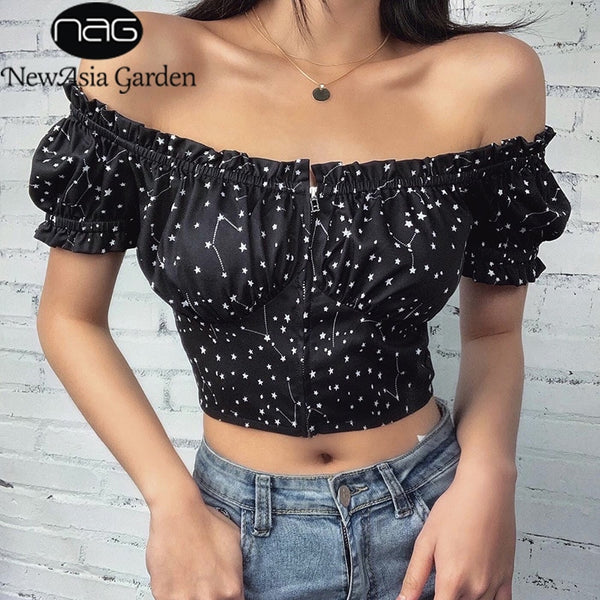 NewAsia Zipper Pleated Blouse Women Short Sleeve Ruffles Crop Top Ruched Blouses Tops Black Shirt Female Blusas Clubwear Clothes