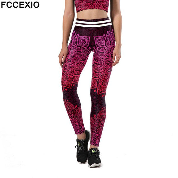 FCCEXIO Fashion Aztec Ombre B Mandala Leggings Women High Waist Plus Size Sexy Legging Workout Digital Print Fitness Leggins