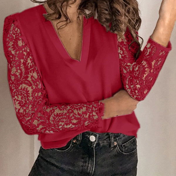 Women V-neck Lace Hollow Out Blouse Patchwork Long Sleeve White Office Ladies Blouses 2020 Summer Casual Solid Female Tops