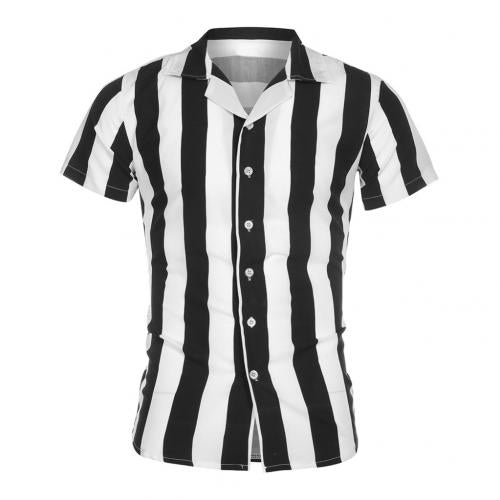 2020 Hot Casual Men's Shirt Turn Down Collar Short Sleeve Vertical Stripes Button Slim Shirt casual top Blouse Men