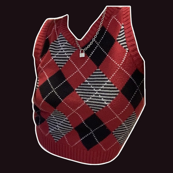 HEYounGIRL V Neck Vintage Argyle Sweater Vest Women Y2K Black Sleeveless Plaid Knitted Crop Sweaters Casual Autumn Preppy Style