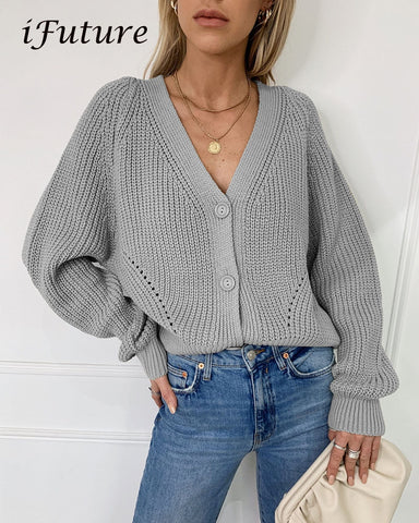 Cardigan  Sweaters Tops Women  2020 Autumn New Knit Loose Casual Solid Color V-neck Lantern Sleeves bat Sleeves  Button Jacket