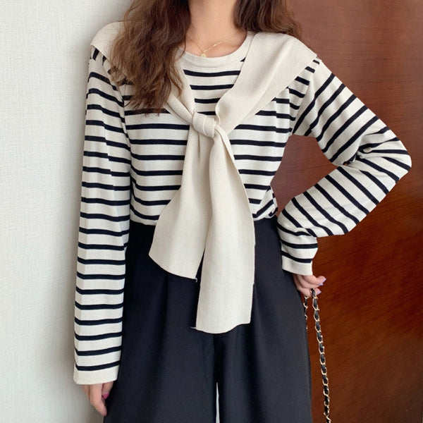 Shawl Patchwork Striped Women Knitted Blouse Round Neck Long Sleeve Female Blouses 2020 Autumn fashion Casual Ladies Top Clothes