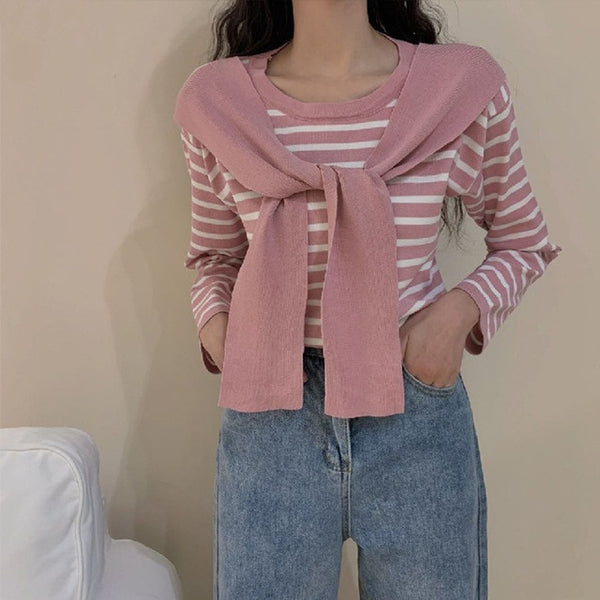 Shawl Patchwork Striped Women Knitted Blouse Round Neck Long Sleeve Female Blouses 2020 Autumn fashion Casual Ladies Top Clothes