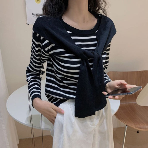 Shawl Patchwork Striped Women Knitted Blouse Round Neck Long Sleeve Female Blouses 2020 Autumn fashion Casual Ladies Top Clothes