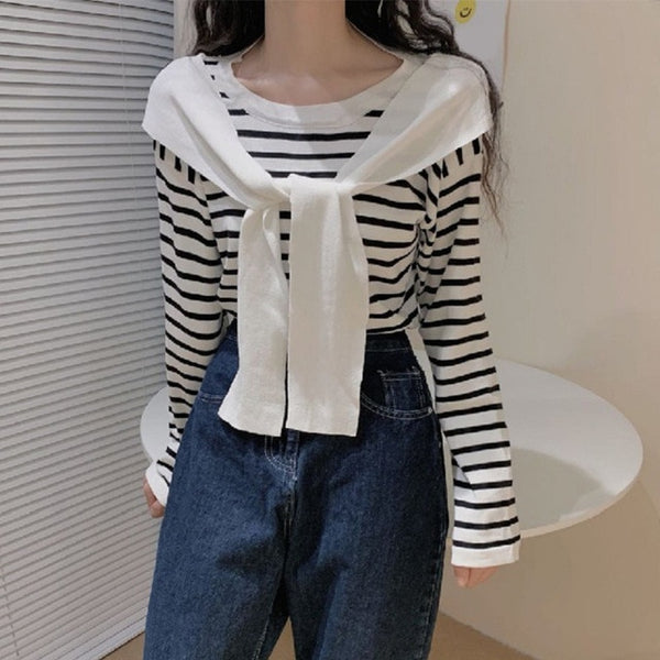 Shawl Patchwork Striped Women Knitted Blouse Round Neck Long Sleeve Female Blouses 2020 Autumn fashion Casual Ladies Top Clothes