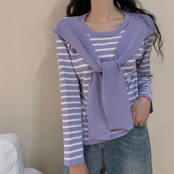 Shawl Patchwork Striped Women Knitted Blouse Round Neck Long Sleeve Female Blouses 2020 Autumn fashion Casual Ladies Top Clothes