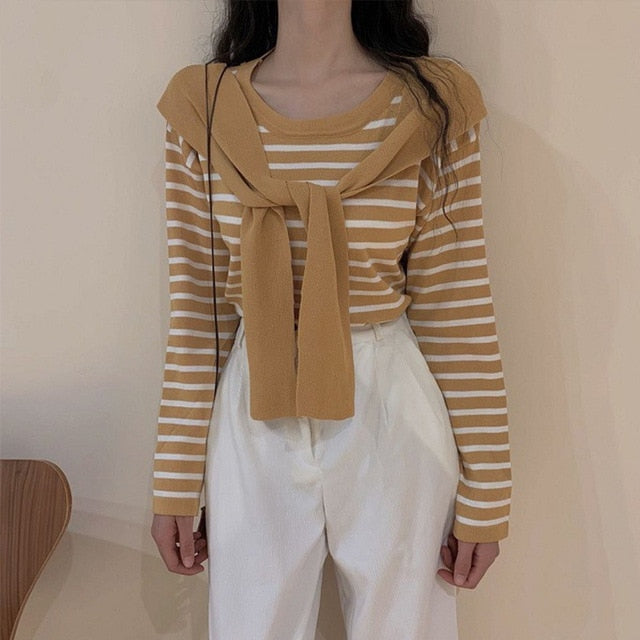 Shawl Patchwork Striped Women Knitted Blouse Round Neck Long Sleeve Female Blouses 2020 Autumn fashion Casual Ladies Top Clothes