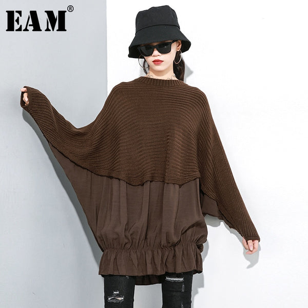 [EAM] Pleated Big Size Knitting Sweater Loose Fit Round Neck Long Sleeve Women Pullovers New Fashion Spring Autumn 2020 19A-a248