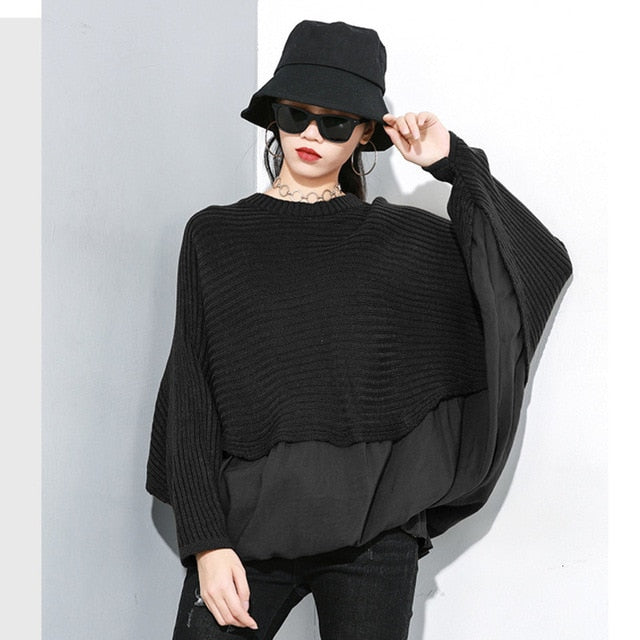 [EAM] Pleated Big Size Knitting Sweater Loose Fit Round Neck Long Sleeve Women Pullovers New Fashion Spring Autumn 2020 19A-a248