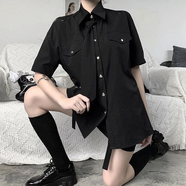 School Gothic Shirt Women Japaneses Chic Tie Black Shirts 2020 Streetwear Harajuku Girl Summer Tops Loose Pockets