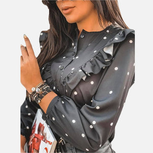 2020 Autumn Women Clothing Fashion Elegant Female Blouse Ruffle Polka Dot O-neck Long Sleeve Lady Shirt Summer Casual  Blouses