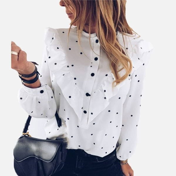 2020 Autumn Women Clothing Fashion Elegant Female Blouse Ruffle Polka Dot O-neck Long Sleeve Lady Shirt Summer Casual  Blouses